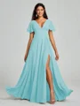 A-Line/Princess V-neck Floor-Length Short Sleeves Chiffon Bridesmaid Dress
