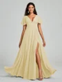 A-Line/Princess V-neck Floor-Length Short Sleeves Chiffon Bridesmaid Dress