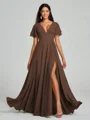 A-Line/Princess V-neck Floor-Length Short Sleeves Chiffon Bridesmaid Dress