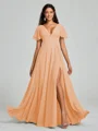 A-Line/Princess V-neck Floor-Length Short Sleeves Chiffon Bridesmaid Dress