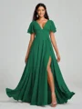 A-Line/Princess V-neck Floor-Length Short Sleeves Chiffon Bridesmaid Dress