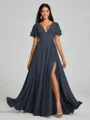 A-Line/Princess V-neck Floor-Length Short Sleeves Chiffon Bridesmaid Dress