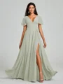 A-Line/Princess V-neck Floor-Length Short Sleeves Chiffon Bridesmaid Dress