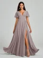 A-Line/Princess V-neck Floor-Length Short Sleeves Chiffon Bridesmaid Dress