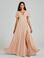 A-Line/Princess V-neck Floor-Length Short Sleeves Chiffon Bridesmaid Dress