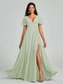 A-Line/Princess V-neck Floor-Length Short Sleeves Chiffon Bridesmaid Dress