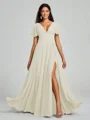 A-Line/Princess V-neck Floor-Length Short Sleeves Chiffon Bridesmaid Dress