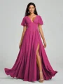 A-Line/Princess V-neck Floor-Length Short Sleeves Chiffon Bridesmaid Dress