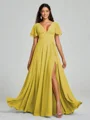 A-Line/Princess V-neck Floor-Length Short Sleeves Chiffon Bridesmaid Dress
