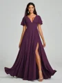 A-Line/Princess V-neck Floor-Length Short Sleeves Chiffon Bridesmaid Dress