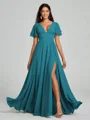 A-Line/Princess V-neck Floor-Length Short Sleeves Chiffon Bridesmaid Dress