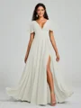 A-Line/Princess V-neck Floor-Length Short Sleeves Chiffon Bridesmaid Dress