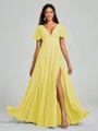 A-Line/Princess V-neck Floor-Length Short Sleeves Chiffon Bridesmaid Dress