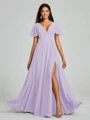 A-Line/Princess V-neck Floor-Length Short Sleeves Chiffon Bridesmaid Dress