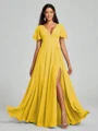 A-Line/Princess V-neck Floor-Length Short Sleeves Chiffon Bridesmaid Dress