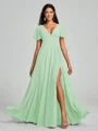 A-Line/Princess V-neck Floor-Length Short Sleeves Chiffon Bridesmaid Dress
