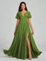 A-Line/Princess V-neck Floor-Length Short Sleeves Chiffon Bridesmaid Dress