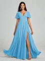 A-Line/Princess V-neck Floor-Length Short Sleeves Chiffon Bridesmaid Dress