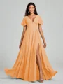 A-Line/Princess V-neck Floor-Length Short Sleeves Chiffon Bridesmaid Dress