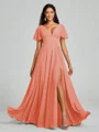 A-Line/Princess V-neck Floor-Length Short Sleeves Chiffon Bridesmaid Dress