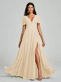 A-Line/Princess V-neck Floor-Length Short Sleeves Chiffon Bridesmaid Dress