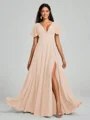 A-Line/Princess V-neck Floor-Length Short Sleeves Chiffon Bridesmaid Dress