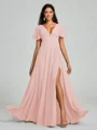 A-Line/Princess V-neck Floor-Length Short Sleeves Chiffon Bridesmaid Dress