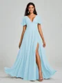 A-Line/Princess V-neck Floor-Length Short Sleeves Chiffon Bridesmaid Dress