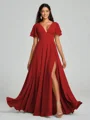 A-Line/Princess V-neck Floor-Length Short Sleeves Chiffon Bridesmaid Dress