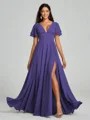 A-Line/Princess V-neck Floor-Length Short Sleeves Chiffon Bridesmaid Dress