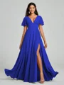 A-Line/Princess V-neck Floor-Length Short Sleeves Chiffon Bridesmaid Dress