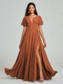 A-Line/Princess V-neck Floor-Length Short Sleeves Chiffon Bridesmaid Dress