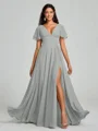 A-Line/Princess V-neck Floor-Length Short Sleeves Chiffon Bridesmaid Dress