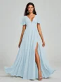A-Line/Princess V-neck Floor-Length Short Sleeves Chiffon Bridesmaid Dress