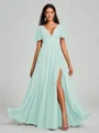 A-Line/Princess V-neck Floor-Length Short Sleeves Chiffon Bridesmaid Dress