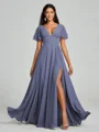 A-Line/Princess V-neck Floor-Length Short Sleeves Chiffon Bridesmaid Dress