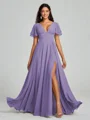 A-Line/Princess V-neck Floor-Length Short Sleeves Chiffon Bridesmaid Dress