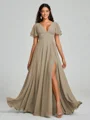A-Line/Princess V-neck Floor-Length Short Sleeves Chiffon Bridesmaid Dress