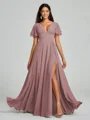 A-Line/Princess V-neck Floor-Length Short Sleeves Chiffon Bridesmaid Dress