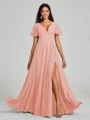 A-Line/Princess V-neck Floor-Length Short Sleeves Chiffon Bridesmaid Dress