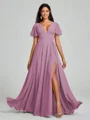 A-Line/Princess V-neck Floor-Length Short Sleeves Chiffon Bridesmaid Dress
