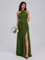 A-line Halter Ruffles Floor-Length Chiffon Bridesmaid Dress