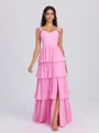 A-line Straps Cascading Ruffles Floor-Length Chiffon Bridesmaid Dress