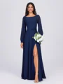 A-line Scoop Long Sleeves Sash/Ribbon/Belt Floor-Length Chiffon Bridesmaid Dress