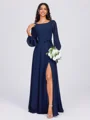 A-line Scoop Long Sleeves Sash/Ribbon/Belt Floor-Length Chiffon Bridesmaid Dress