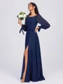A-line Scoop Long Sleeves Sash/Ribbon/Belt Floor-Length Chiffon Bridesmaid Dress