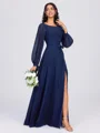 A-line Scoop Long Sleeves Sash/Ribbon/Belt Floor-Length Chiffon Bridesmaid Dress