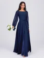 A-line Scoop Long Sleeves Sash/Ribbon/Belt Floor-Length Chiffon Bridesmaid Dress