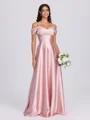A-line Cold Shoulder Pleated Floor-Length Silk Like Satin Bridesmaid Dress