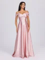 A-line Cold Shoulder Pleated Floor-Length Silk Like Satin Bridesmaid Dress